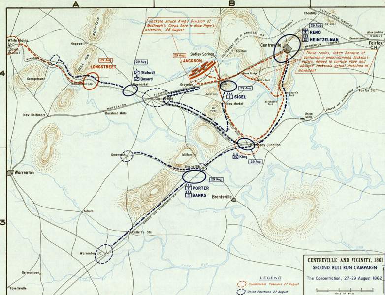 Second Bull Run Campaign, concentration of forces around Centreville, Virginia,  August 27-29 1862, campaign map