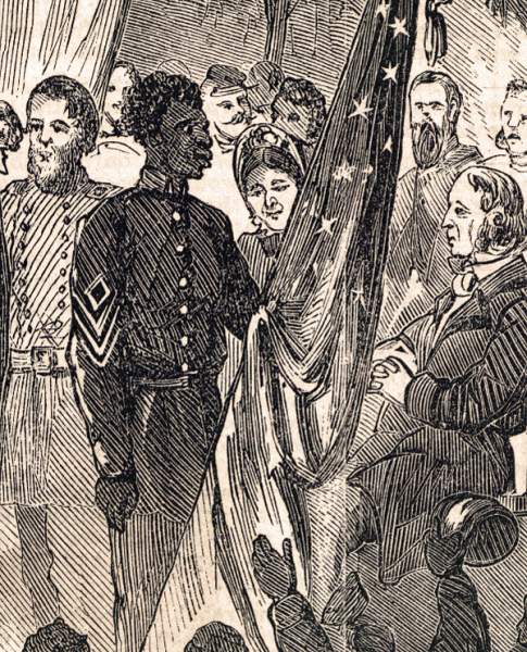 Sergeant Prince Rivers receives the colors of the First South Carolina Volunteers, Port Royal, South Carolina, January 1, 1863, 