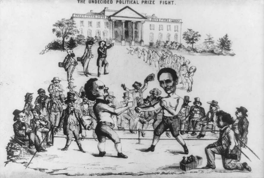 "The Undecided Political Prize Fight" cartoon, 1860, zoomable image