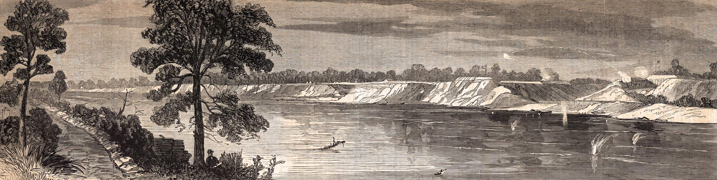 Port Hudson from the western bank of the Mississippi, July 1863, artist's impression, zoomable image