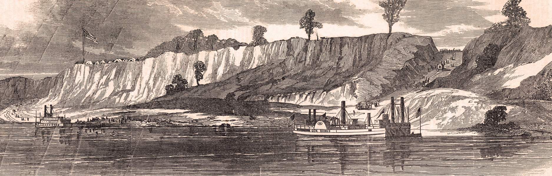 Confederate batteries defending Port Hudson, July 1863, artist's impression, zoomable image