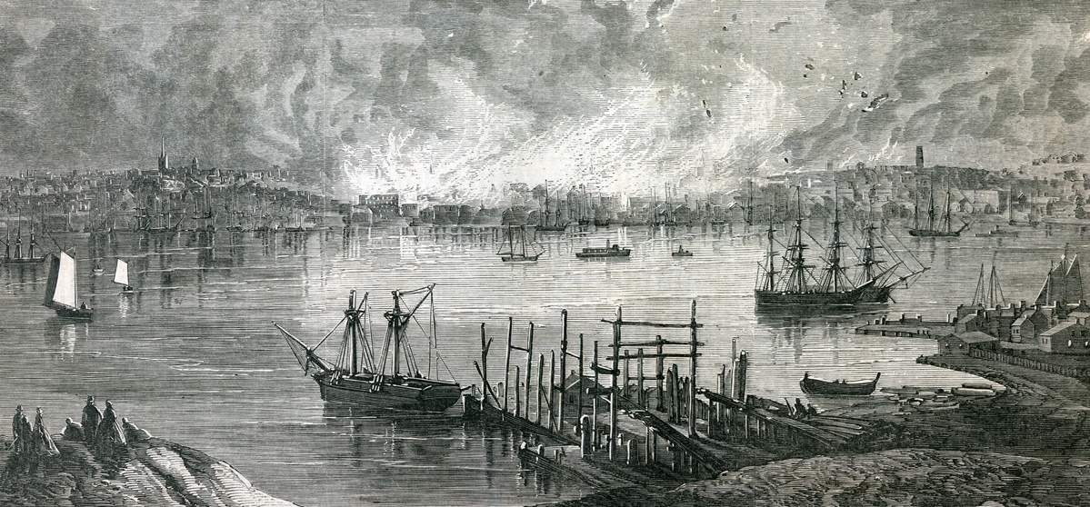 Portland, Maine afire, July 4-5, 1866, artist's impression, detail