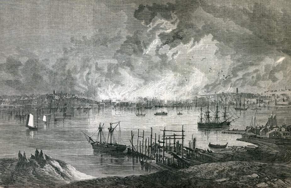 Portland, Maine afire, July 4-5, 1866, artist's impression, zoomable image