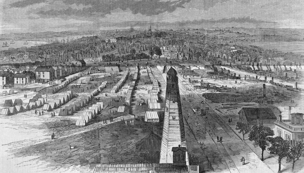 View of the burned out sections of Portland, Maine, July 1866, artist's impression