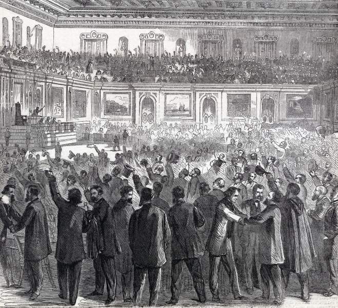 Scenes in the House of Representatives on passage of Thirteenth Amendment, January 31, 1865, artist's impression, zoomable image