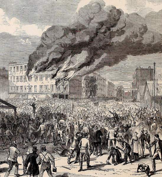 Burning the Provost Marshal's Office, New York City, July 1863, British artist's impression, detail