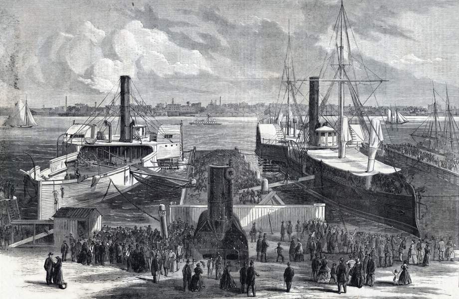 The "Algonquin" and the "Winooski," Delancy Street Pier, New York City, September 1865, artist's impression