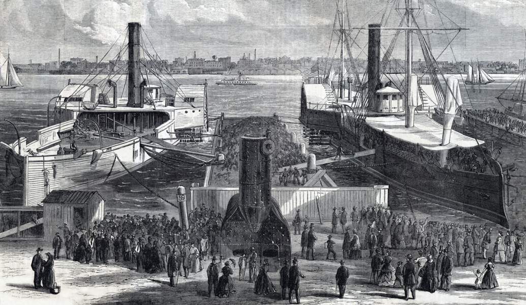 The "Algonquin" and the "Winooski," Delancy Street Pier, New York City, September 1865, artist's impression, detail