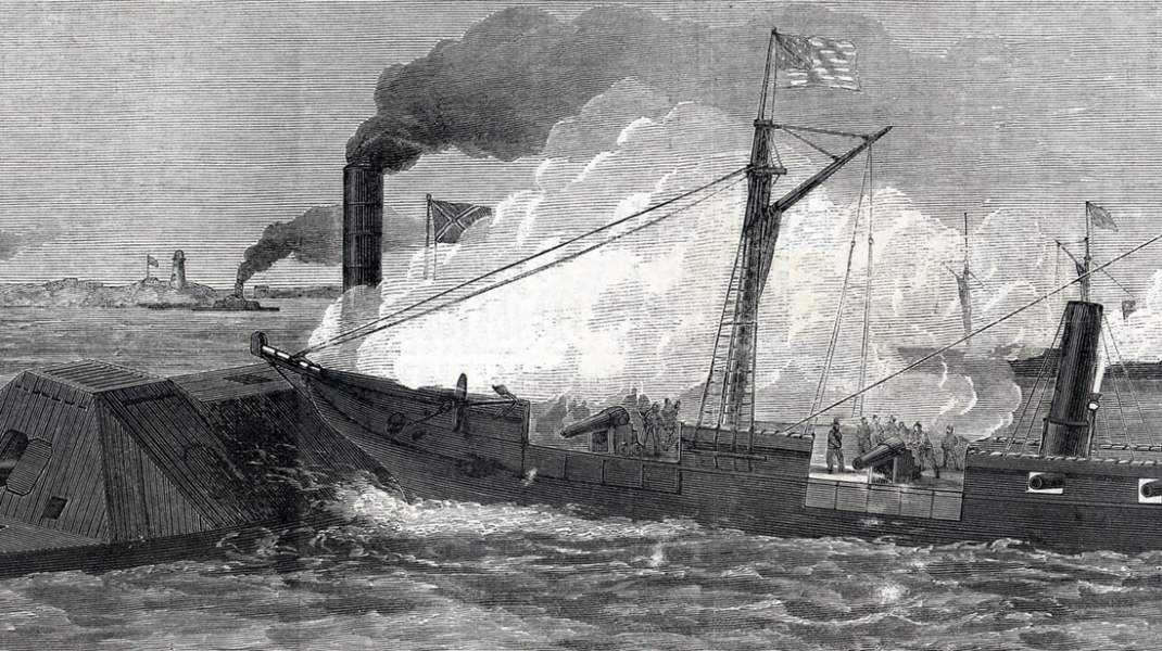 U.S.S. Lackawanna ramming the C.S.S. Tennessee, Mobile Bay, August 5, 1864, artist's impression, detail