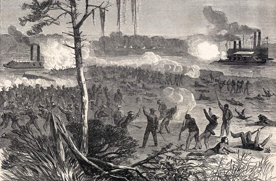 Confederate troops attacking Union naval units on the Red River, Louisiana, artist's impression, May 1864, detail
