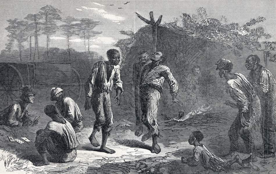 African-American refugees in camp, July 1865, artist's impression, zoomable image