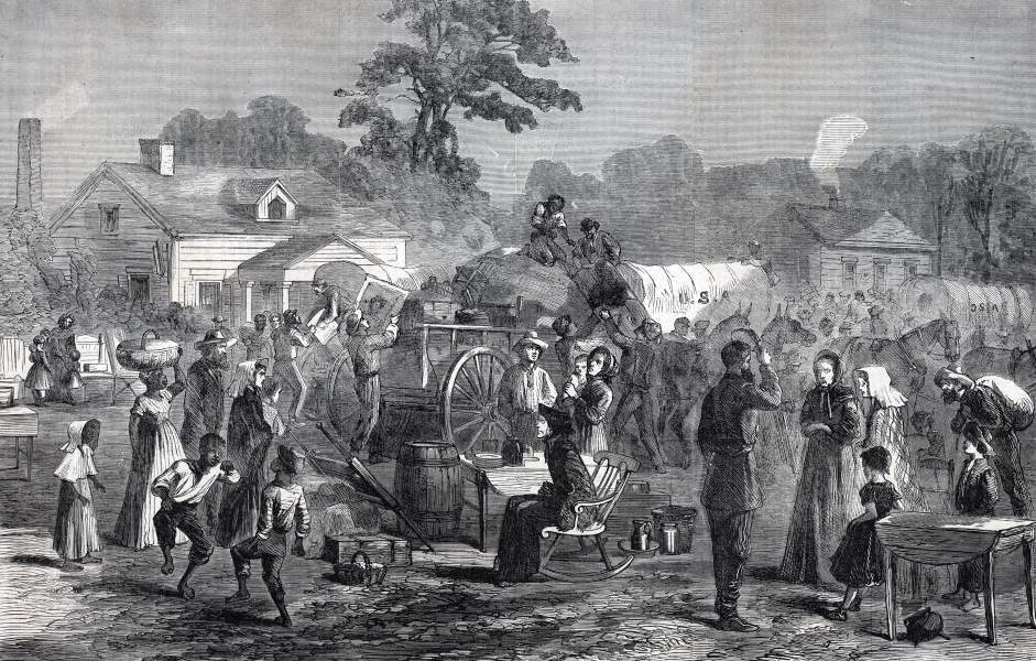 Confederate refugees moving south from Atlanta, October, 1864, artist's impression, zoomable image