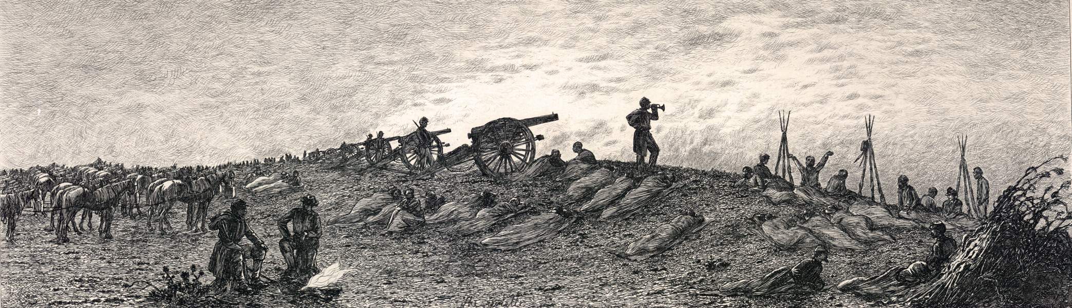 "The Reveille on the Line of Battle," Edwin Forbes, copper plate etching, 1876, zoomable image