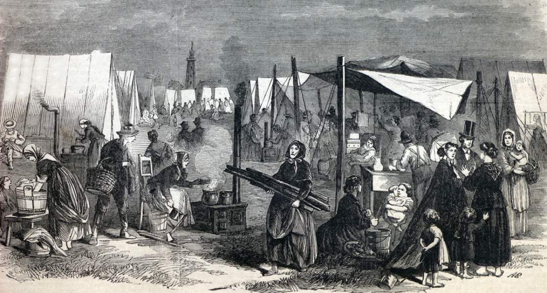 Burned out citizens of Portland, Maine camped on the edge of town, July 1866, artist's impression