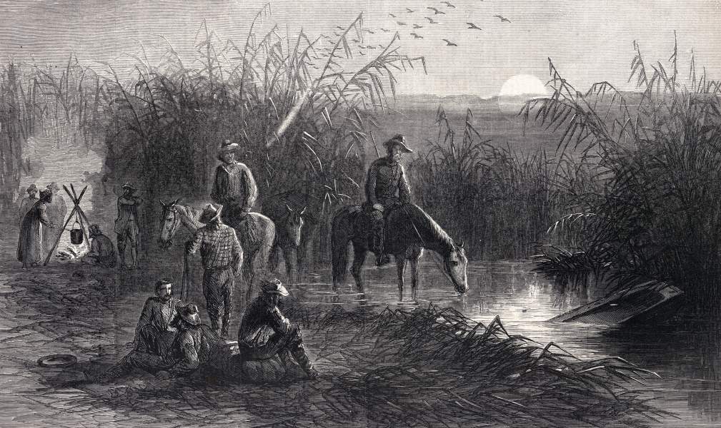 "Union Refugees in the Swamps of Louisiana," Harper's Weekly, artist's impression, May 1864, zoomable image