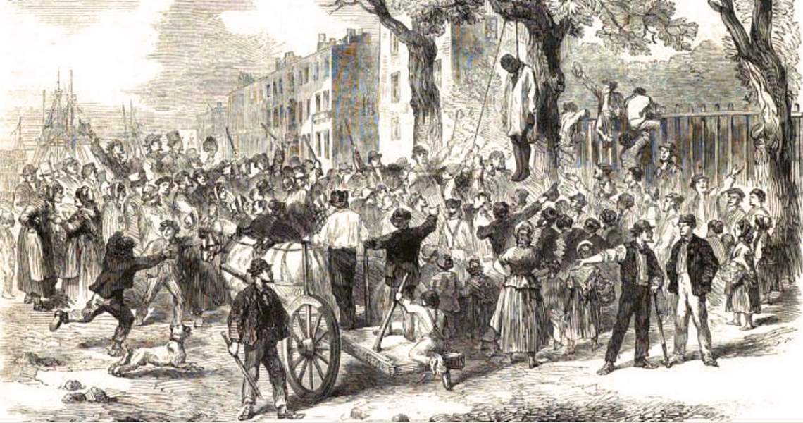 Draft Rioters lynching African-Americans on Clarkson Street, New York City, July 13, 1863, artist's impression