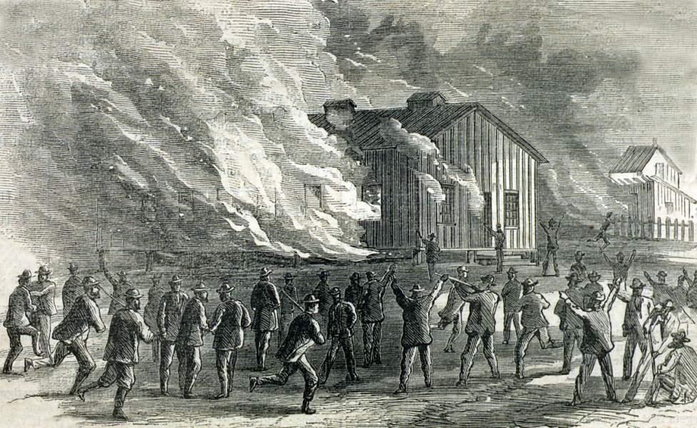 Rioters in Memphis, Tennessee burning Freedmens' Schoolhouses, May 1-2, 1866, artist's impression