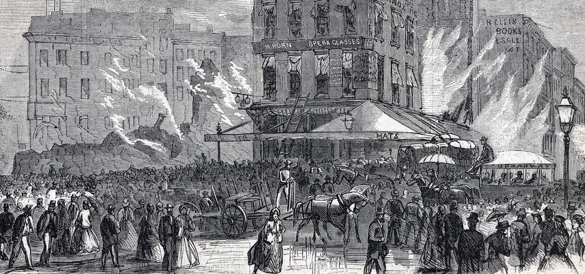 Ruins of P.T. Barnum's American Museum, New York City, July 14, 1865, artist's impression, detail