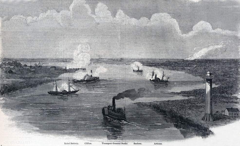 Defeat and capture of U.S. Navy gunboats, Sabine Pass, Louisiana, September 8, 1863, artist's impression, zoomable image