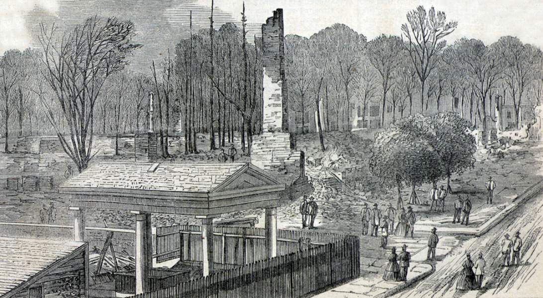 Ruins of the Congress Hall Hotel, Saratoga, New York, after fire of May 29, 1866, artist's impression