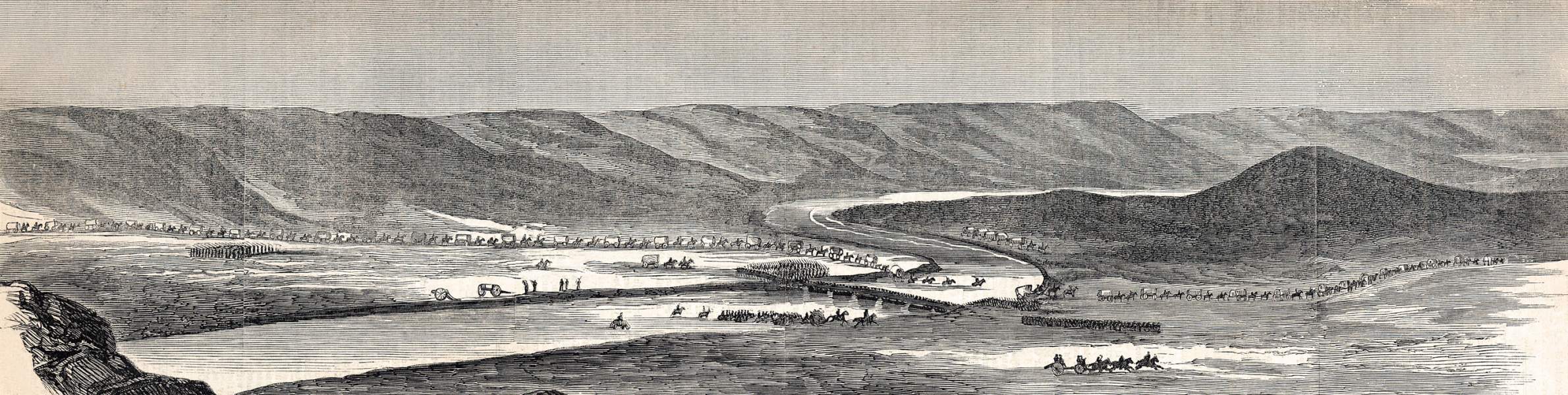General Sibley's Expedition marching to Big Mound, Dakota Territory, July 20,1863, artist's impression, zoomable image