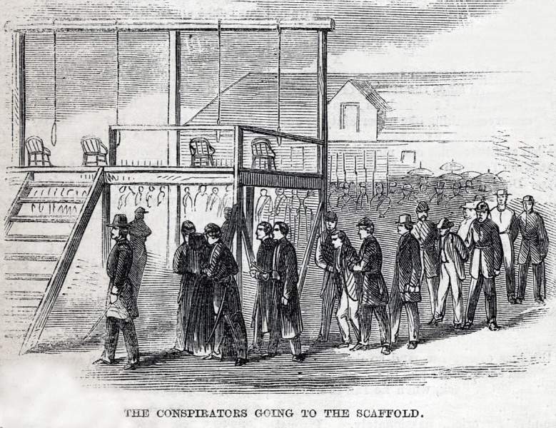 The condemned conspirators going to the scaffold, Old Penitentiary, Washington D.C., July 7, 1865, artist's impression
