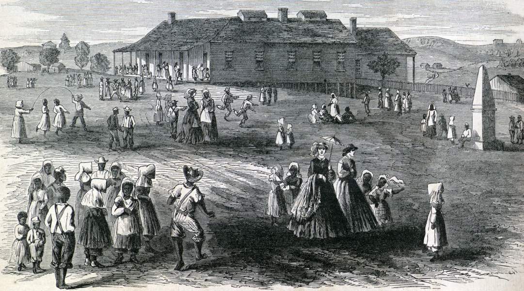 Noon Recess, Freedmen's Primary School, Vicksburg, Mississippi, May 1866, artist's impression, zoomable image