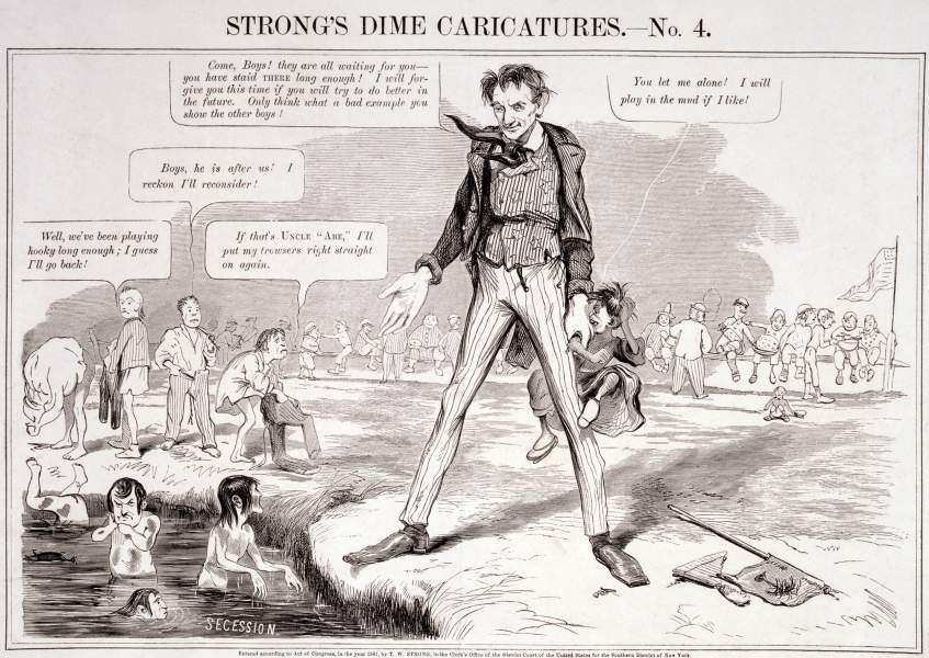 "Secession and Uncle Abe," Strong's Dime Caricatures, No. 4, April 1861, zoomable image