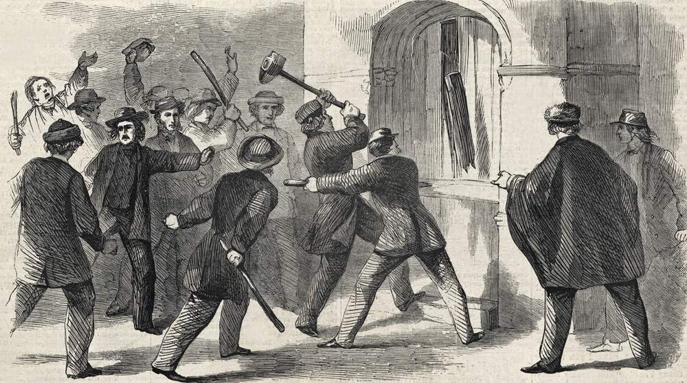 Secession Incident, Breaking in to Alumni Hall, Yale College, New Haven, Connecticut, January 20, 1861, artist's impression