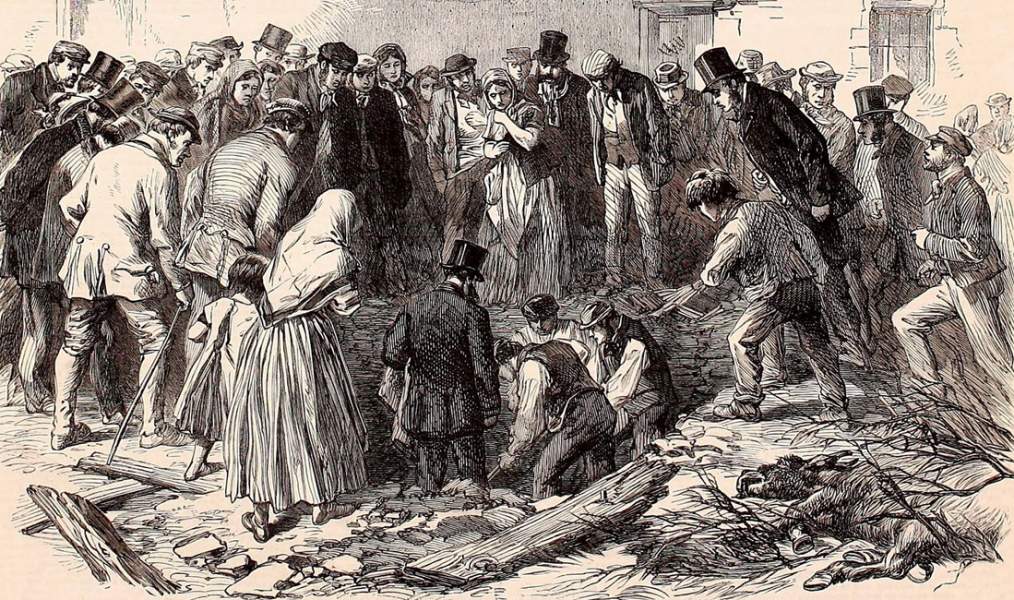 Searching for victims of a deadly dam break in northern England, March, 1863, British artist's impression