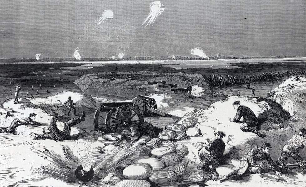 Union battery under fire during assault on Fort Wagner, South Carolina, July 19, 1863, artist's impression, zoomable image