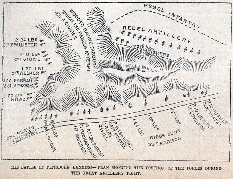 The Artillery Battle, Pittsburg Landing, or Shiloh, April 6-7, 1862, Frank Leslie's Magazine battlemap