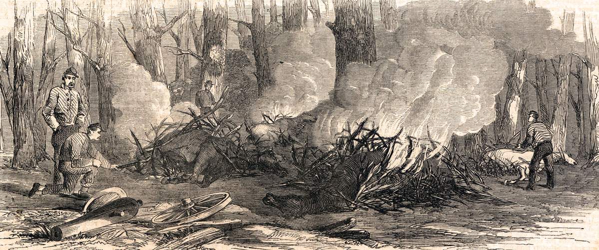 Burning dead horses following the Battle of  Pittsburg Landing, or Shiloh, April 1862, artist's impression