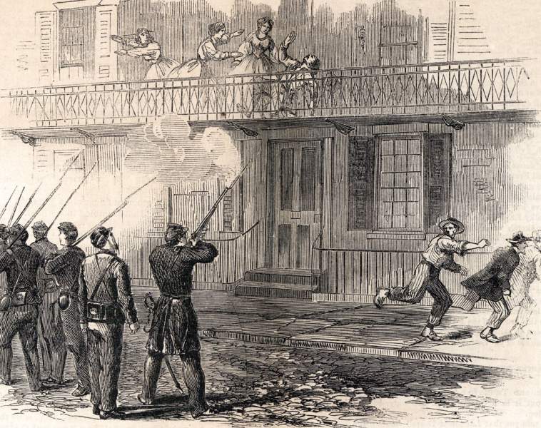 Troops shooting down suspected draft rioter, Thirty-Sixth Street, New York City, July, 1863, artist's impression