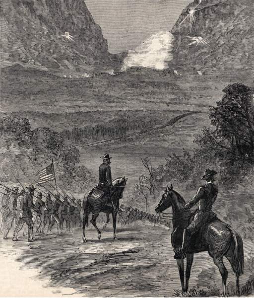 General Sherman's Union troops advancing on  Buzzard's Roost Pass, Georgia, May 7, 1864, artist's impression, detail