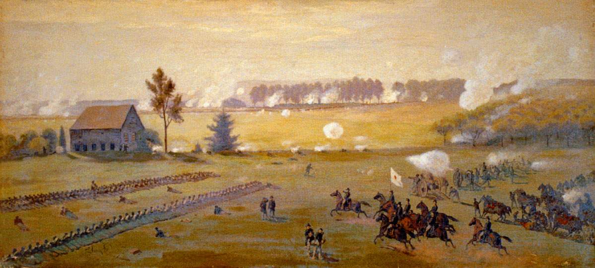General Sickles and his staff assess the situation of his Corps, Gettysburg, July 2, 1863, artist's impression