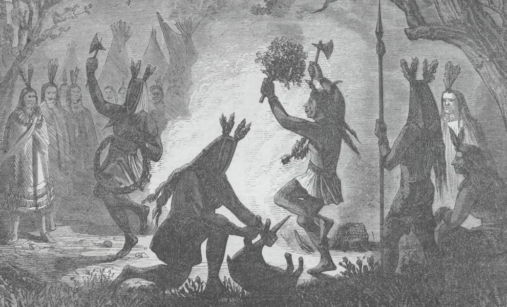 Sioux Tribal Ceremony, Dakota Territory, 1866, artist's impression, detail