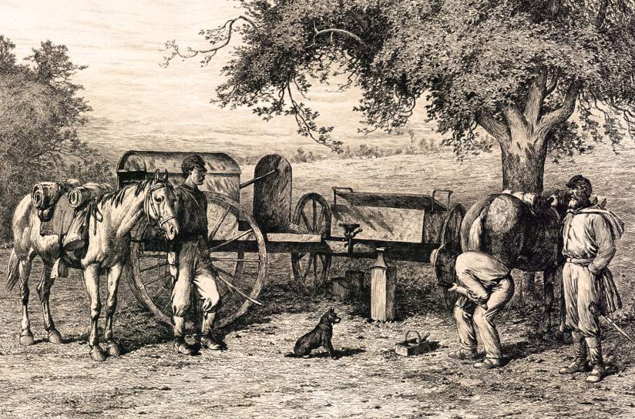 "A Scene on the Roadside near Summer Camp," Edwin Forbes, copper plate etching, 1876, detail