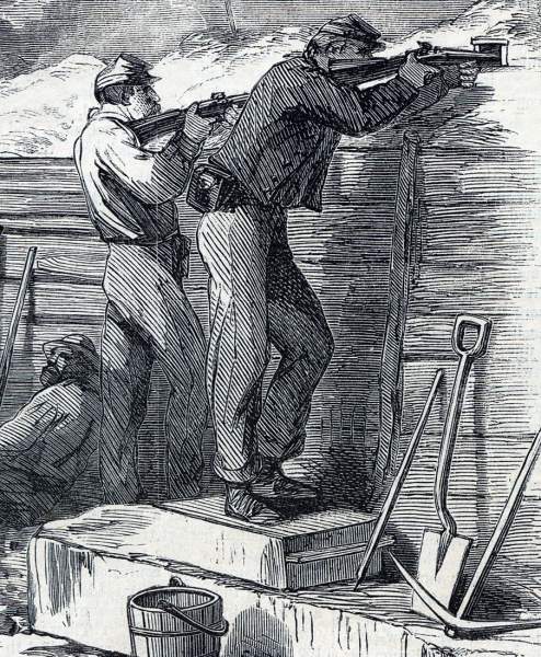 Union sharpshooters in the trenches before Petersburg, Virginia, July 1864, artist's impression, detail