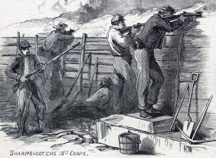 Union sharpshooters in the trenches before Petersburg, Virginia, July 1864, artist's impression, zoomable image