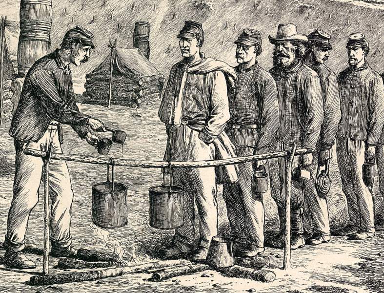 "'Fall In For Soup' - Company Mess," Edwin Forbes, copper plate etching, 1876, detail