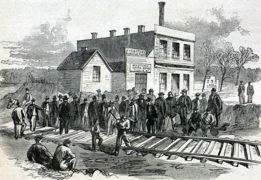 Driving of the first spike for the Atchison and Pike's Peak Railroad, Atchison, Kansas, December 1865, artist's impression