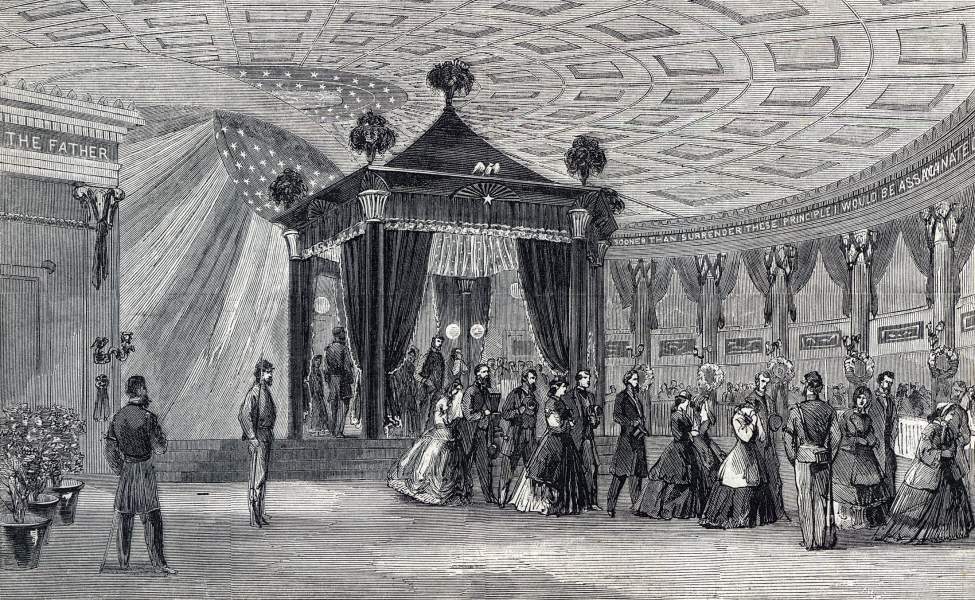 President Lincoln laying in state in Representatives' Hall, Springfield, May 4, 1865, artist's impression, zoomable image