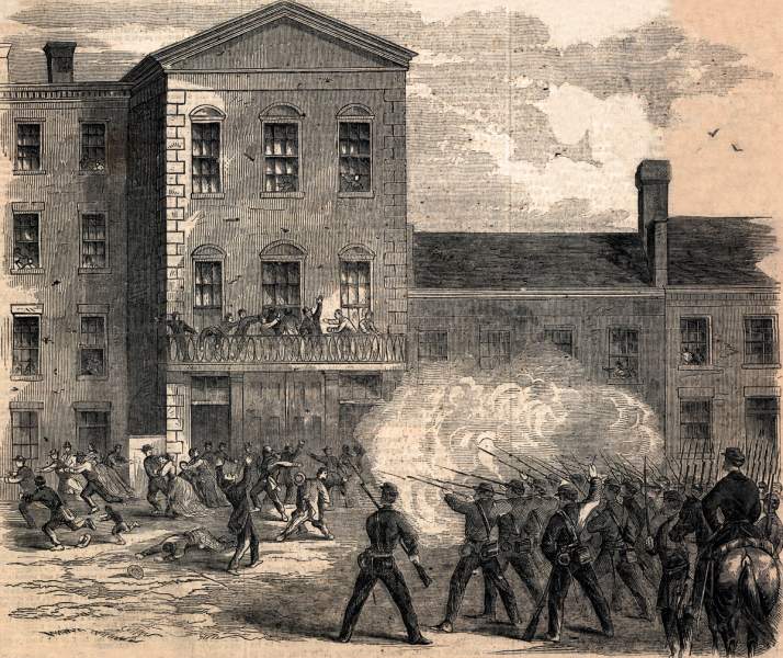 Union troops firing on the Recorder's Court, St. Louis, Missouri, June 17, 1861, artist's impression