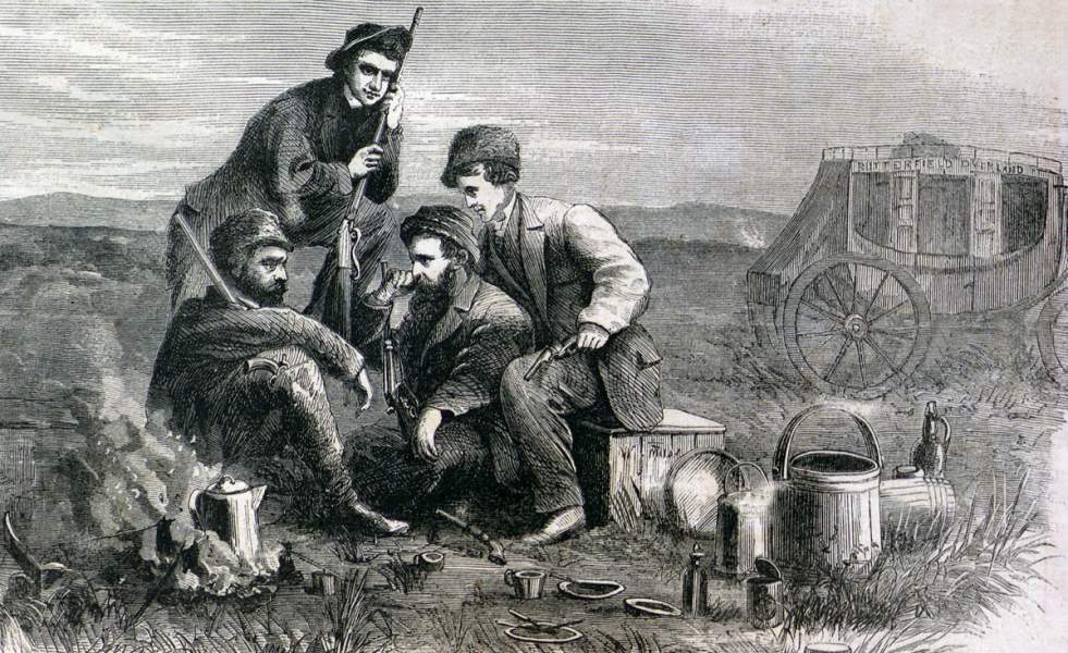 Stagecoach halt on the Plains, the Butterfield Overland Route, late 1865, artist's impression, detail