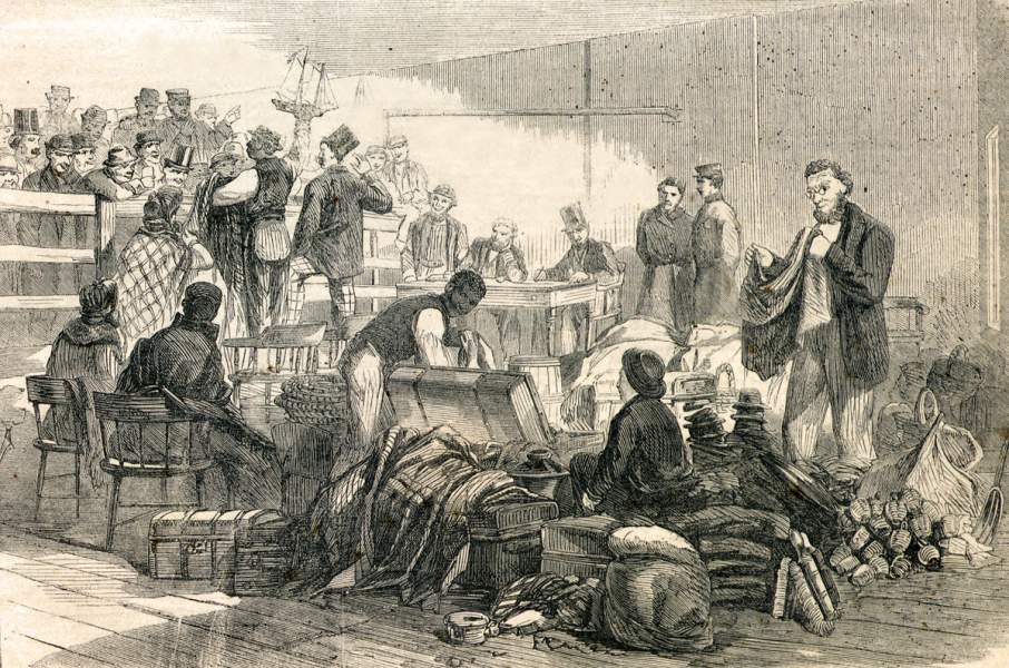 Sale of unclaimed stolen property, Police Headquarters, New York City, December 22, 1865, artist's impression