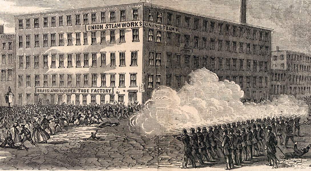 Street battle between troops and rioters, New York City, July 14, 1863, artist's impression, detail
