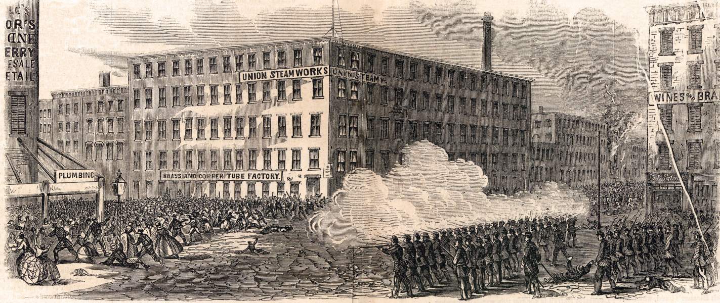 Street battle between troops and rioters, New York City, July 14, 1863, artist's impression, zoomable image