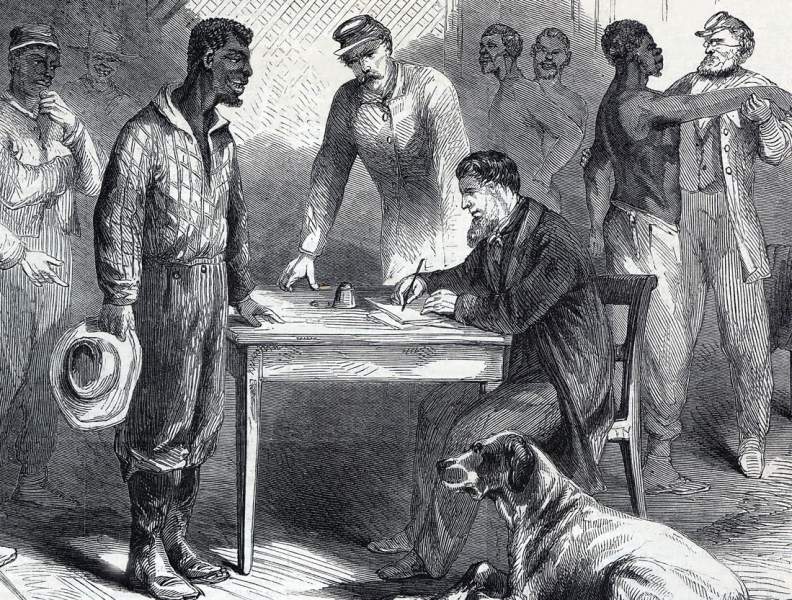 Northern agents engaging African-American draft substitutes, Norfolk, Virginia, August 1864, artist's impression, detail