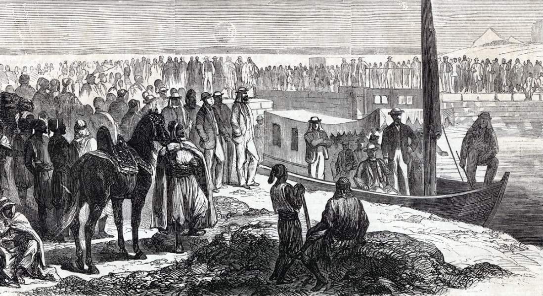 Passage of the first boat through the Suez Canal, August 15, 1865, artist's impression